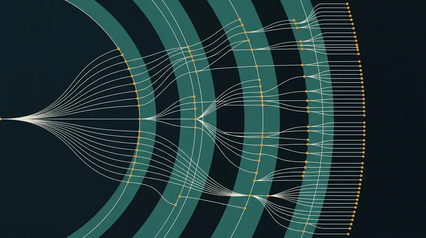 Abstract artwork: signal paths fanning out from a single origin to many endpoints